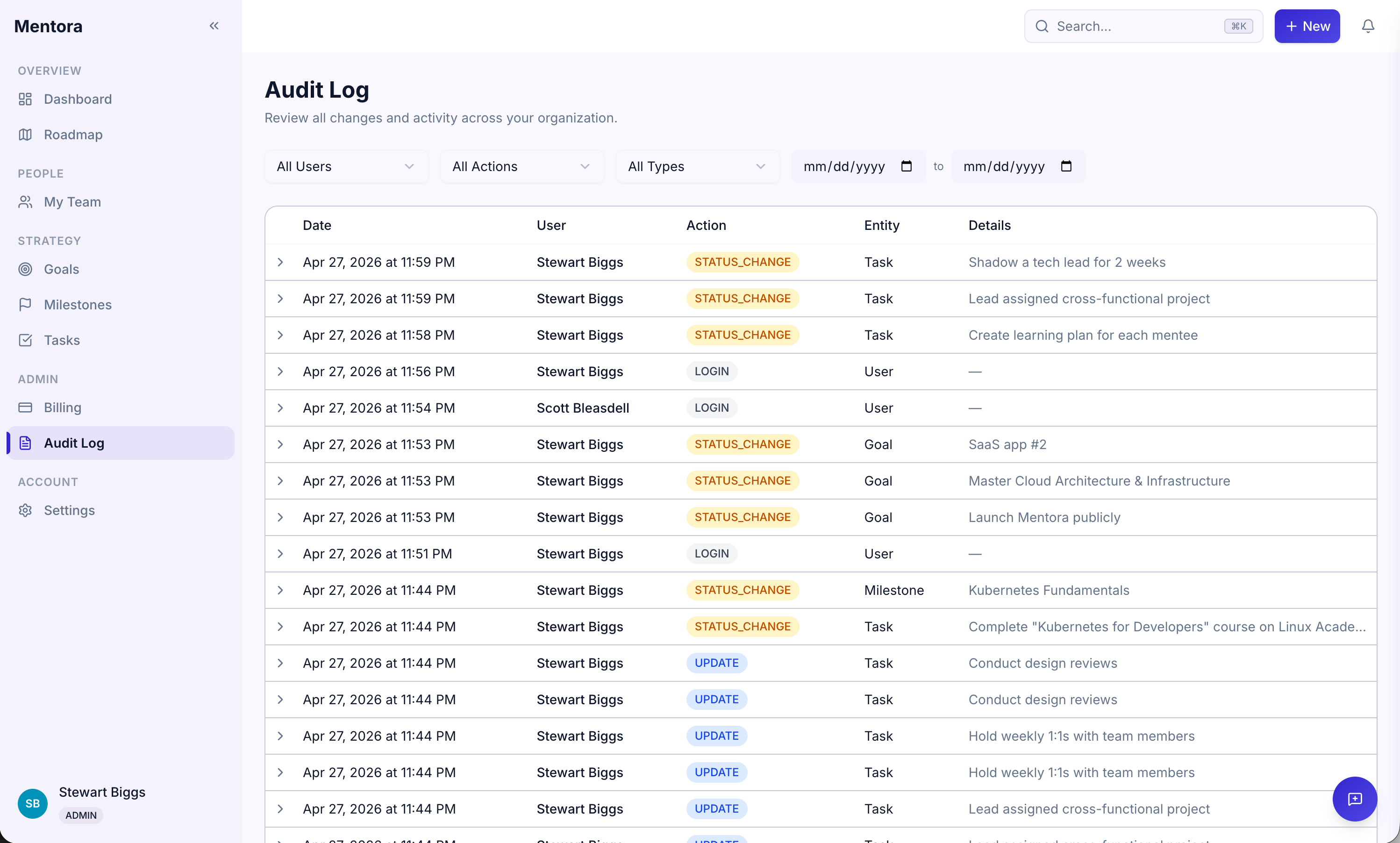 Audit log showing activity history with action type, user, date, and affected item
