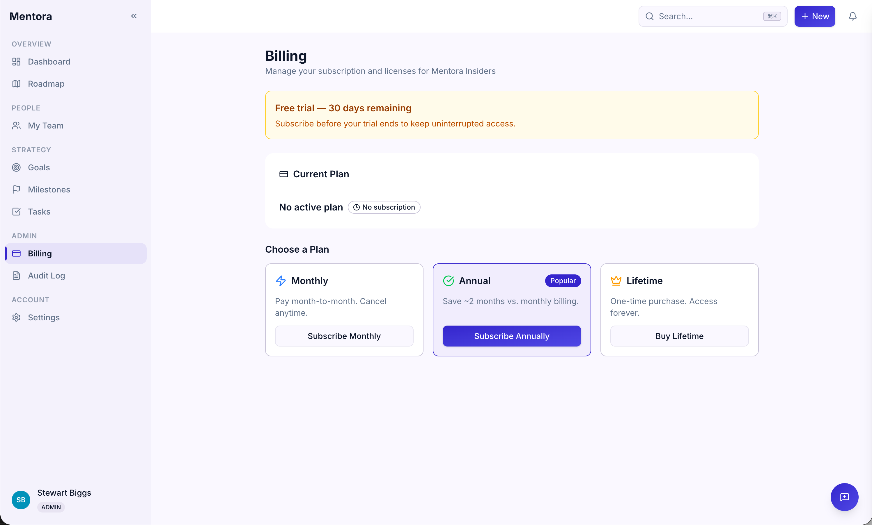 Billing page showing subscription status, seats, and upgrade options