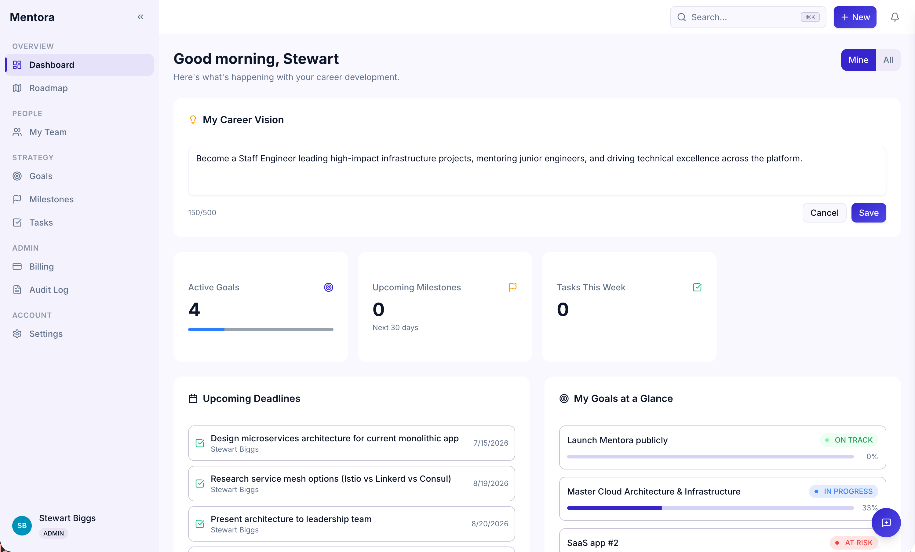 Career vision prompt where users enter their personal career direction