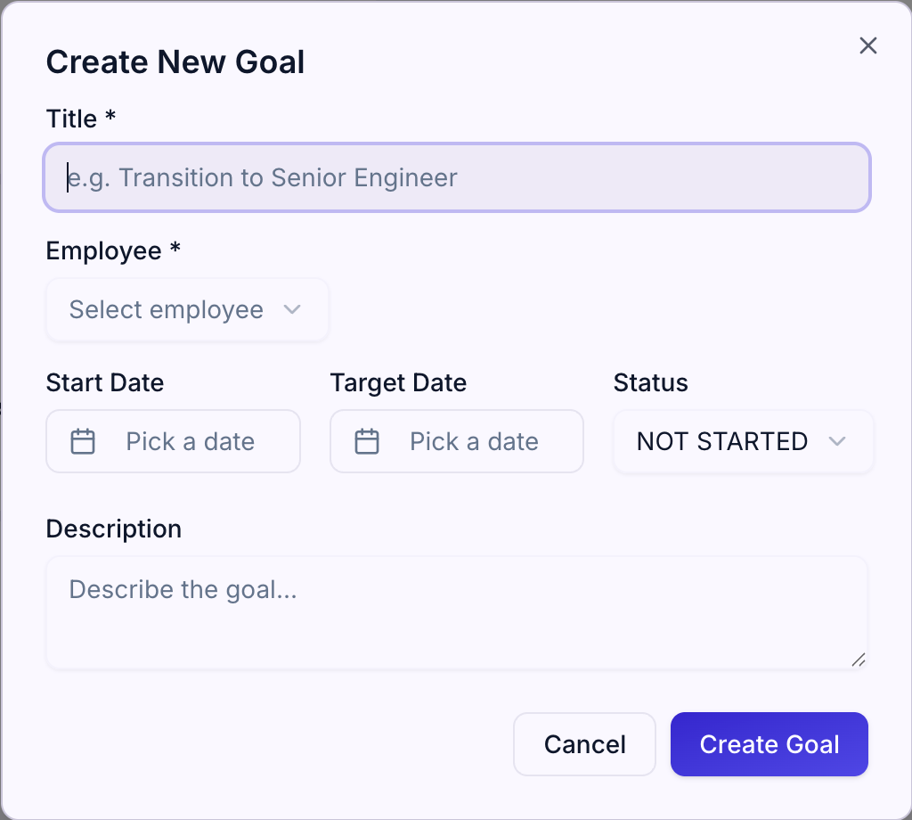 Modal for creating a new goal with title, description, and dates