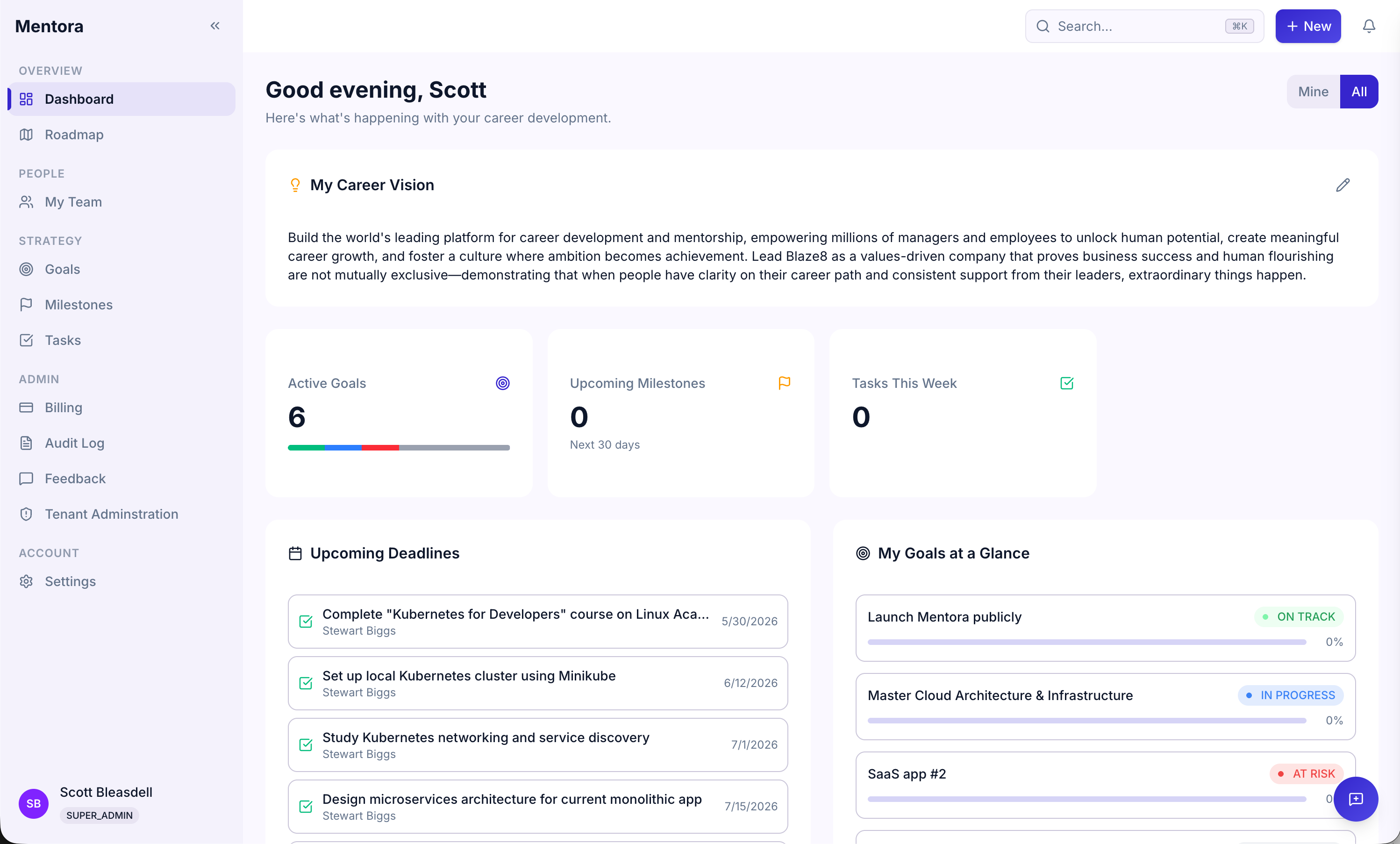 Employee dashboard showing personal goal stats and upcoming deadlines