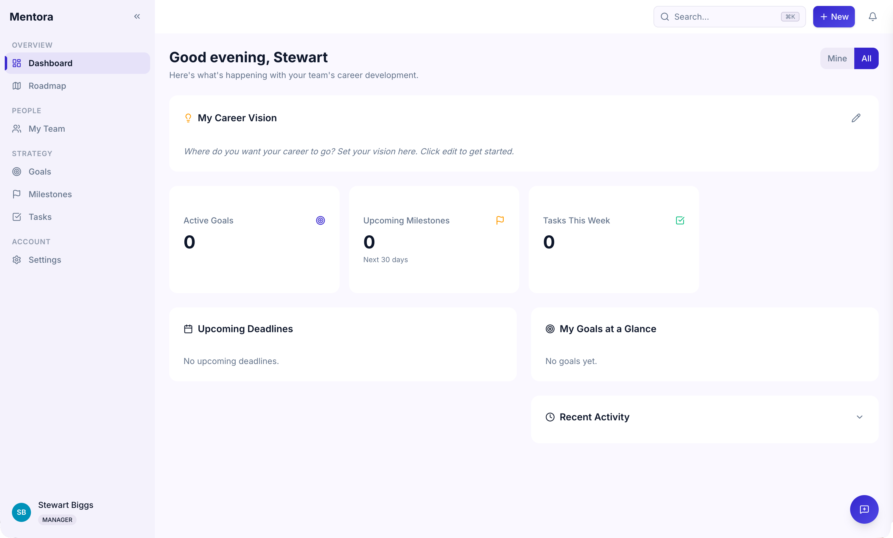 Dashboard showing career vision prompt at the top
