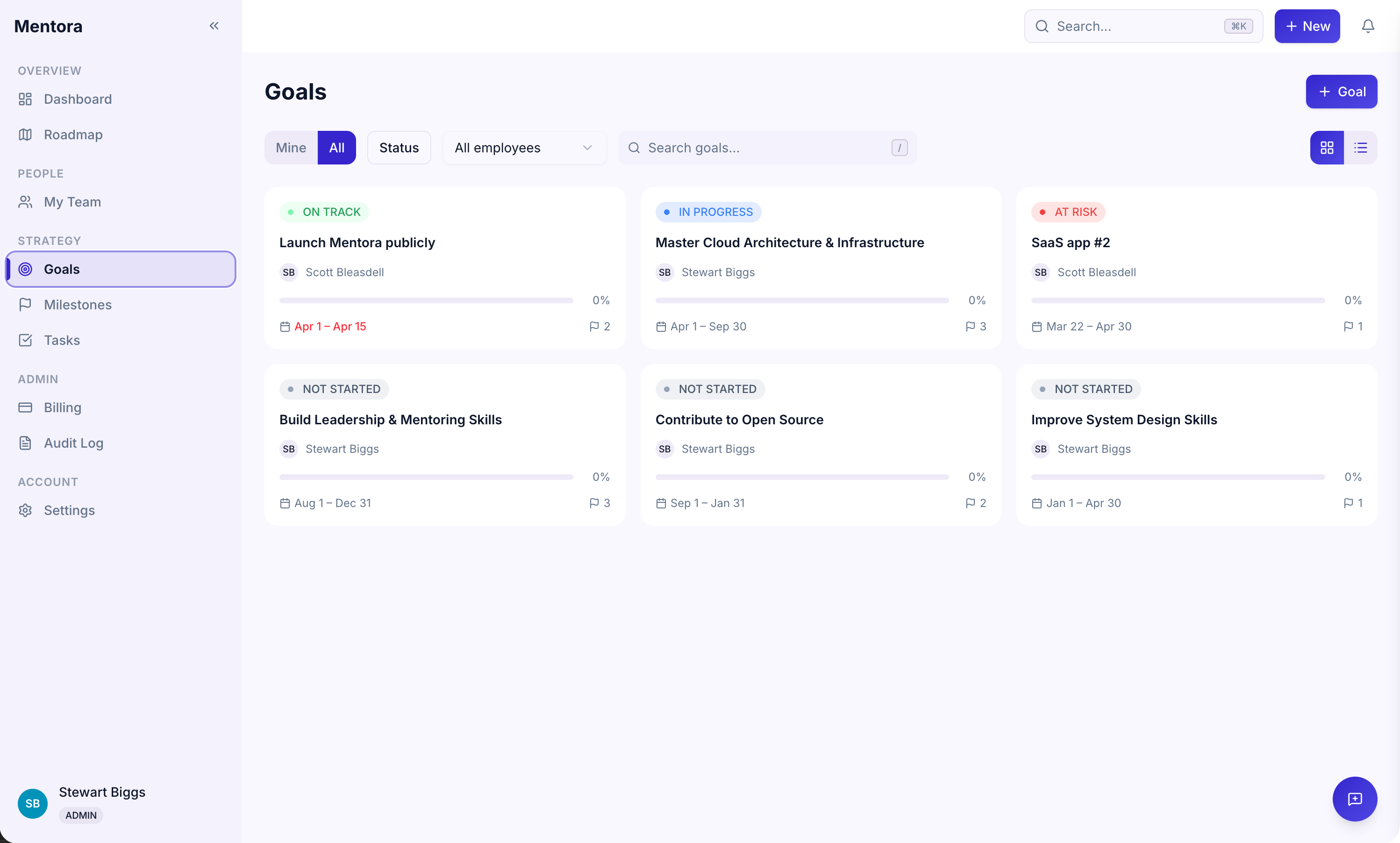 Goals list showing multiple goals with status badges and progress