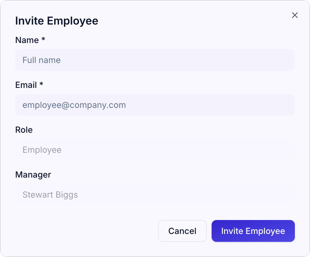 Modal for inviting a new employee with email and role fields