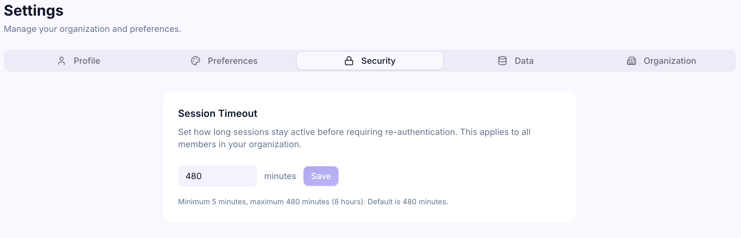 Security settings page showing session timeout and audit log controls