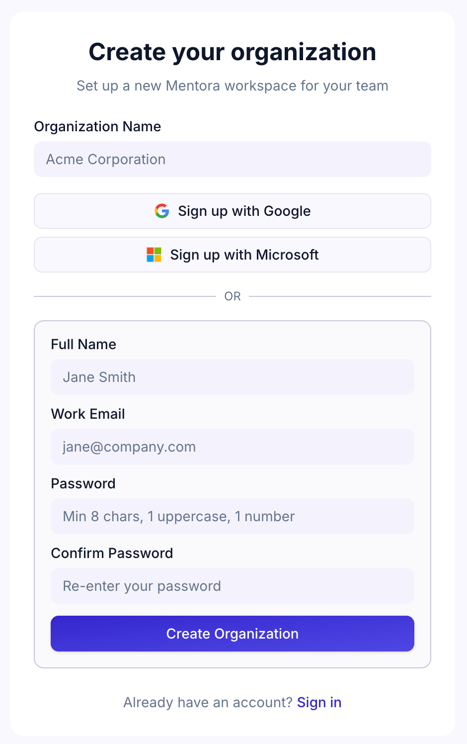 Sign-up form with email and password options