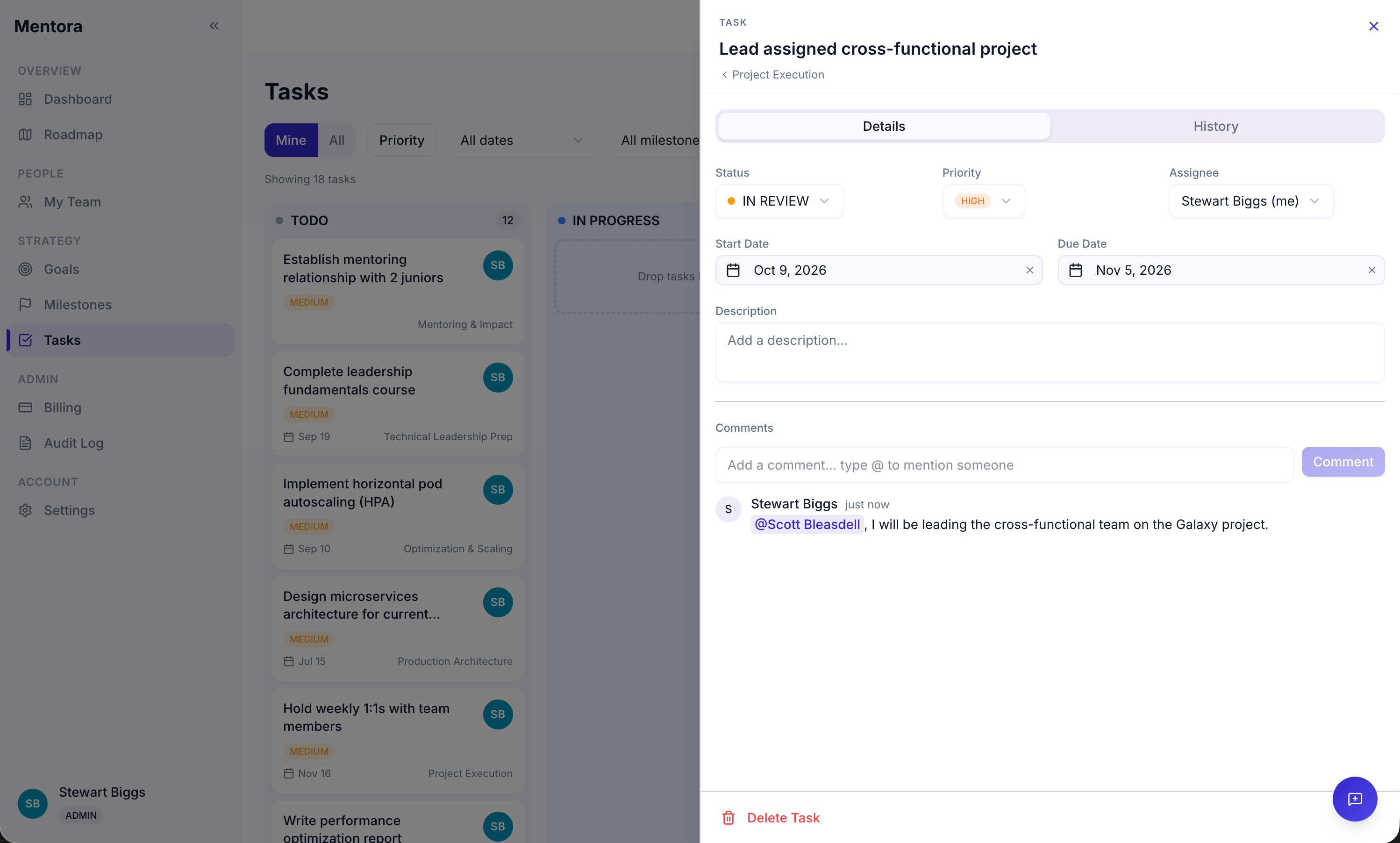 Task detail view showing description, priority, status, assignee, due date, and comment thread
