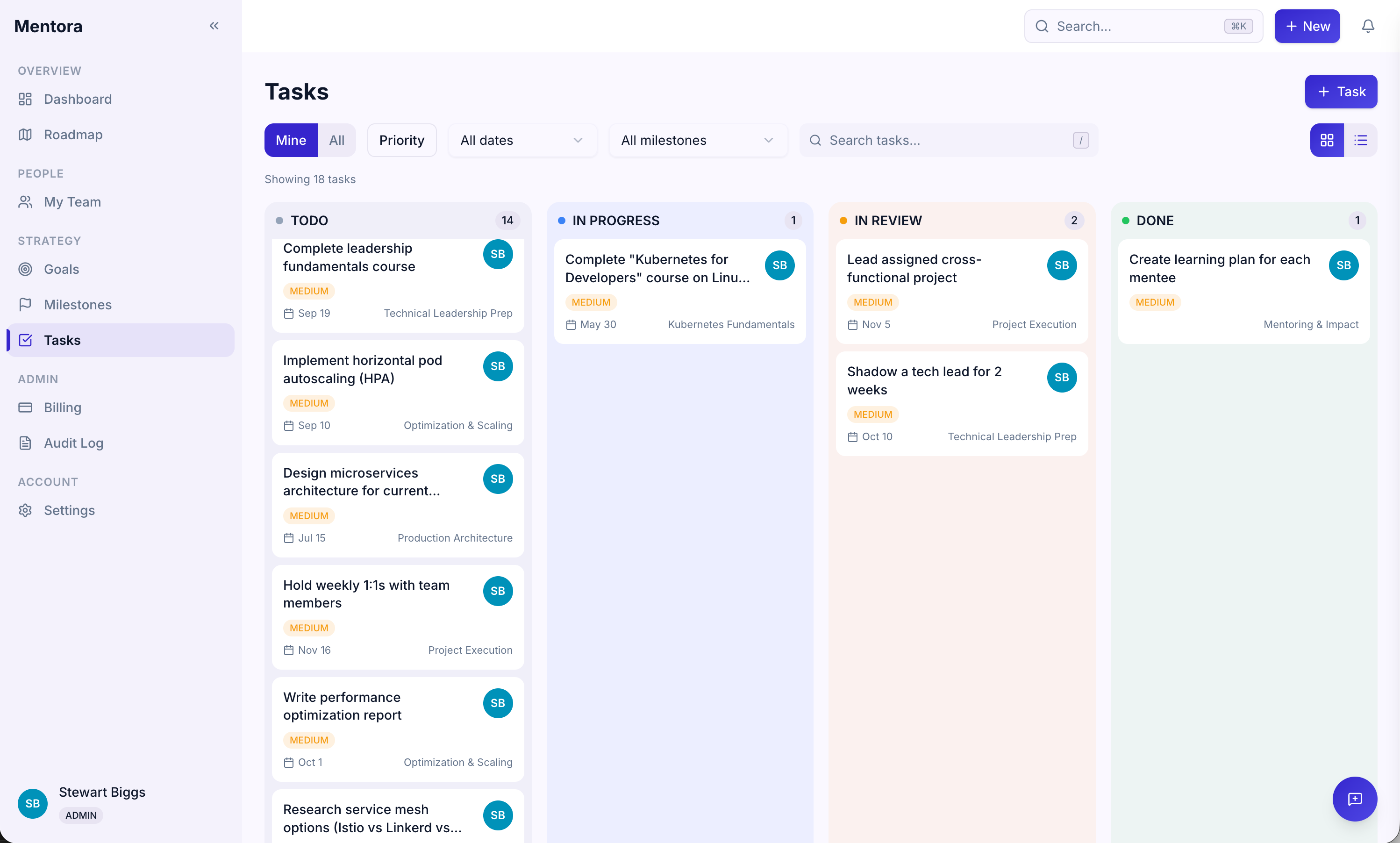 Tasks list showing all tasks with status, priority, due date, and filters